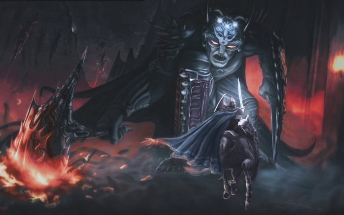 Giant demon facing a knight on horseback