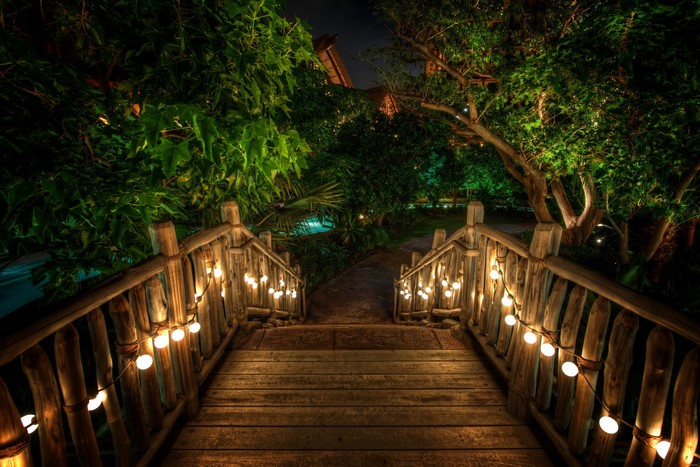 Wooden bridge with string lights at night