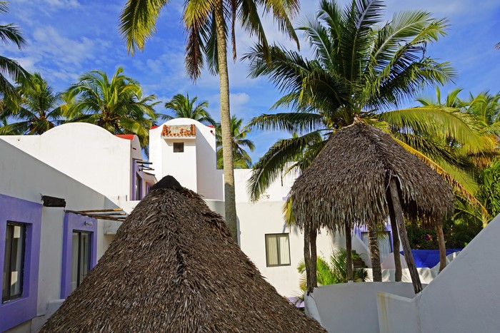 Tropical resort with thatched roofs and palm trees