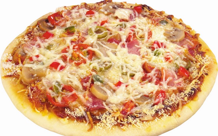 Pizza with mushrooms, peppers, and cheese