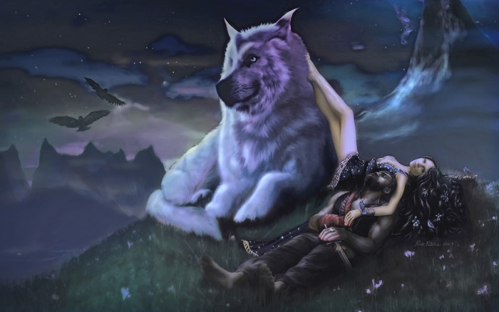 Giant wolf with a couple resting in a mystical landscape