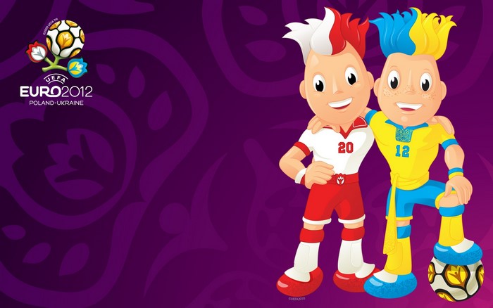Euro 2012 mascots Slavek and Slavko with football