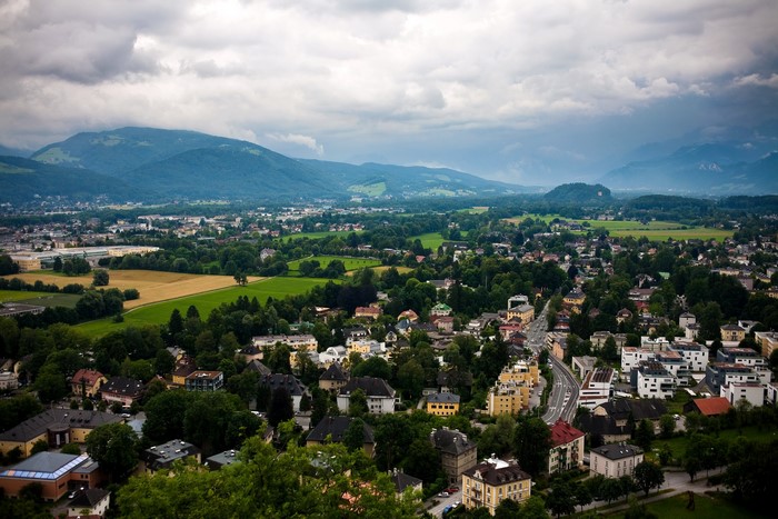 Aerial view of Salzburg, Austria with mountains in the background