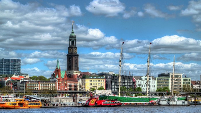 Hamburg skyline with St. Michael's Church and ships