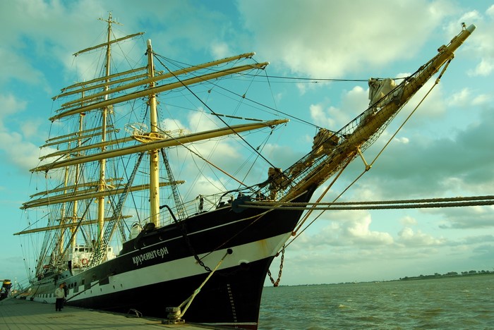 Kruzenshtern sailing ship docked at a pier