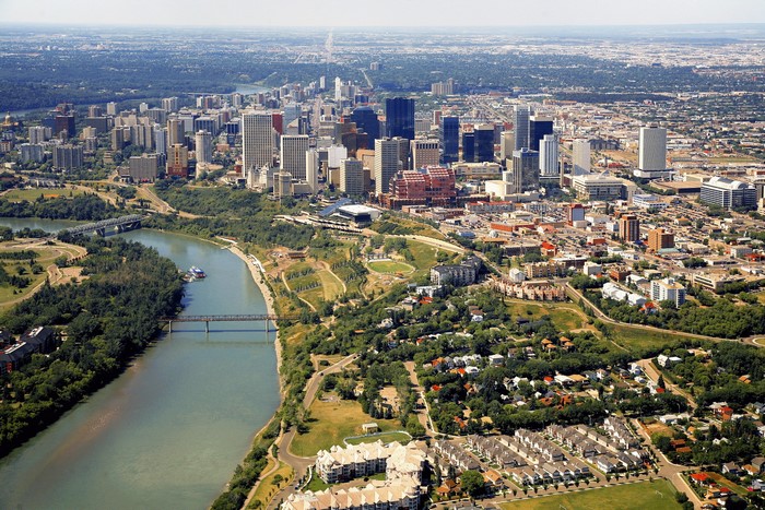 Aerial view of downtown Edmonton, Canada skyline and river valley