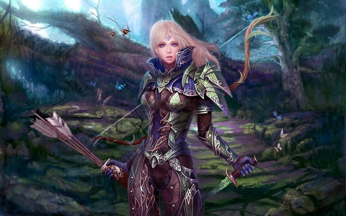 Elf archer with bow and arrows in a forest