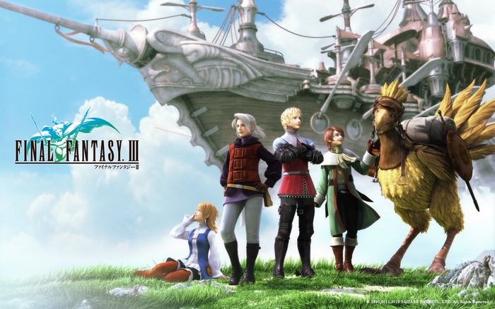 Final Fantasy III characters with airship and Chocobo