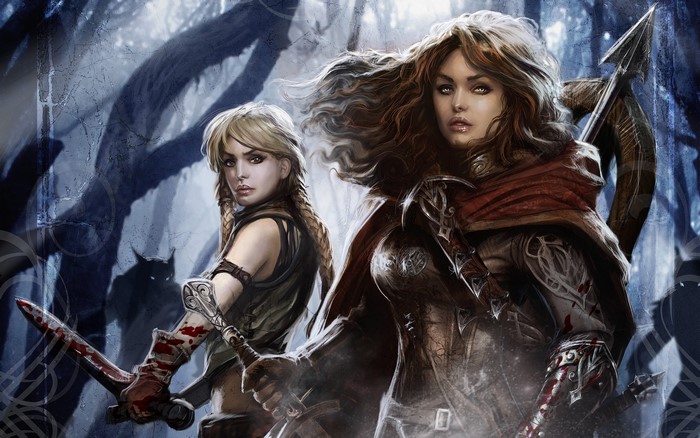 Two female warriors with swords in a dark forest