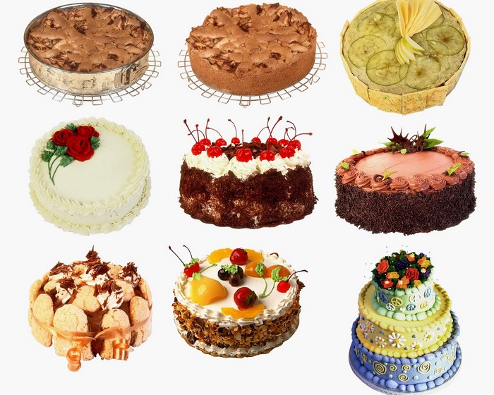 Nine different cakes on a white background