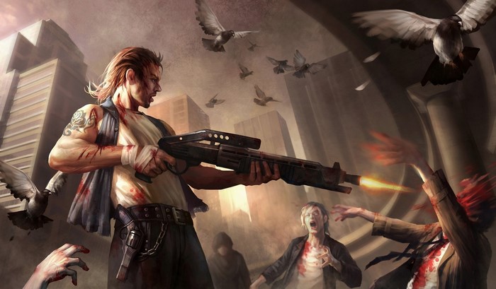Man with shotgun fighting zombies in city