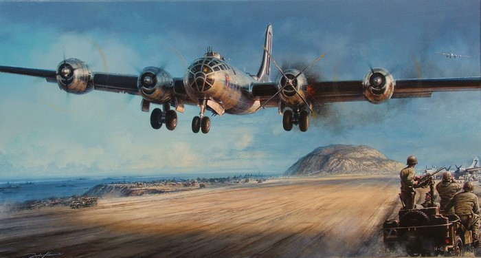 Painting of a bomber aircraft landing on a runway with soldiers