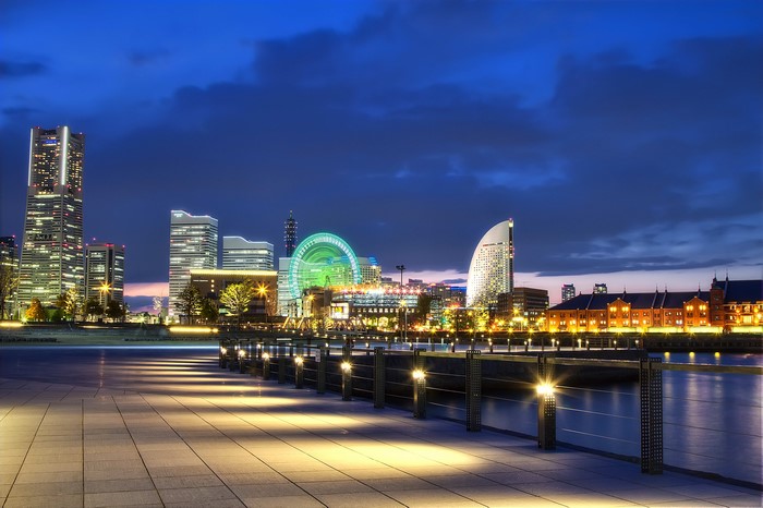 Yokohama skyline at night with waterfront promenade