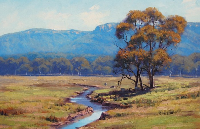 Landscape painting of a stream and trees with mountains