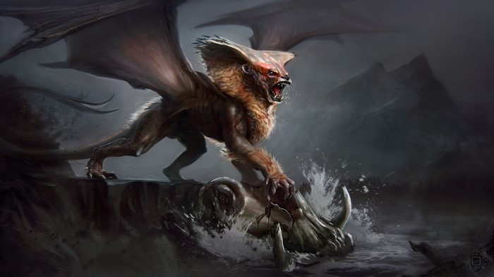 Winged lion-like monster attacking a boar in water