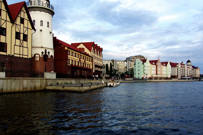 Buildings along a river in Kaliningrad, Russia