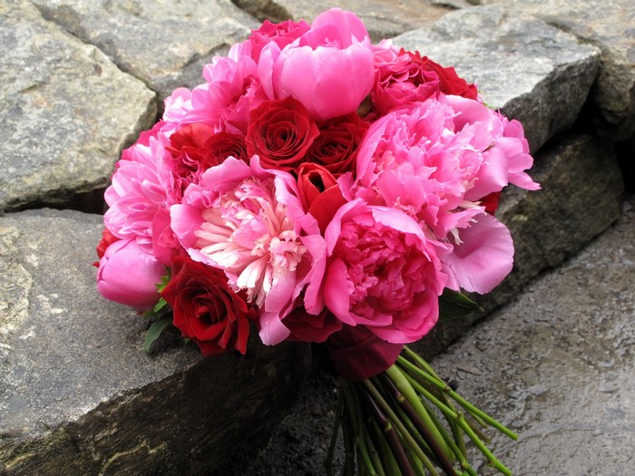 Pink and red peonies and roses bouquet
