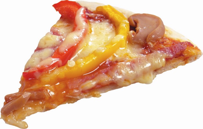 Slice of pizza with peppers and mushrooms