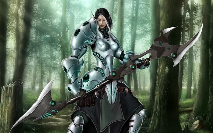 Elf warrior in ornate armor holding a large weapon
