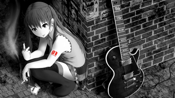 Anime girl with guitar and cigarettes