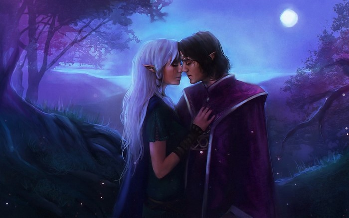 Elven couple in love under the moonlight