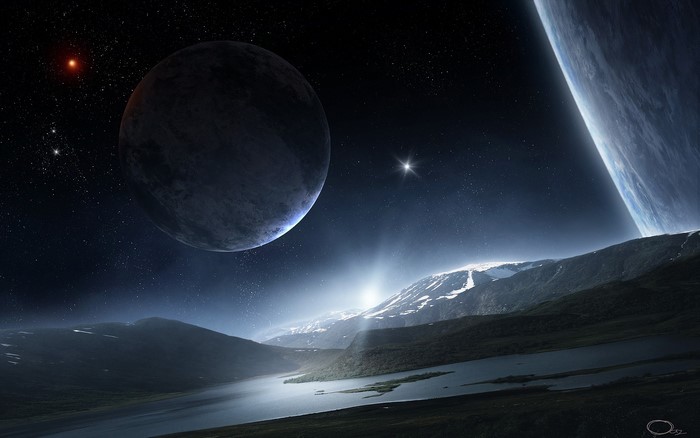 Alien planet landscape with moons and mountains
