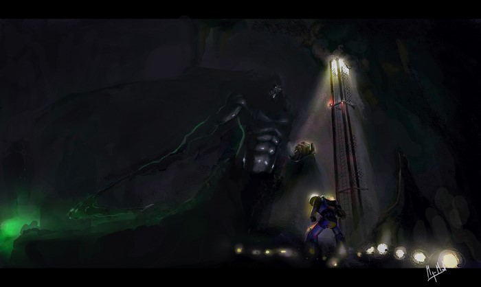Giant creature and Space Marine in a dark cave