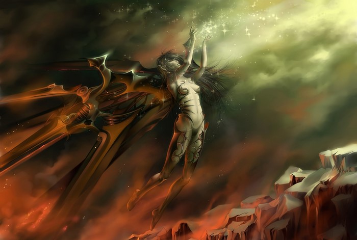 Elf reaching for stars with mechanical wings
