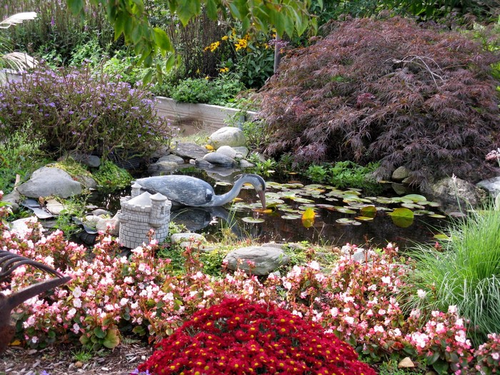 Garden pond with a heron statue and flowers