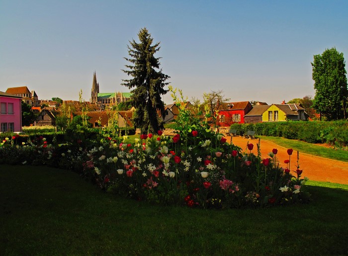 Flower garden with cathedral in background, France