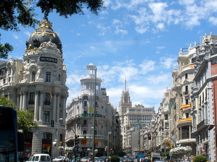 Metropolis Building and street view in Madrid, Spain