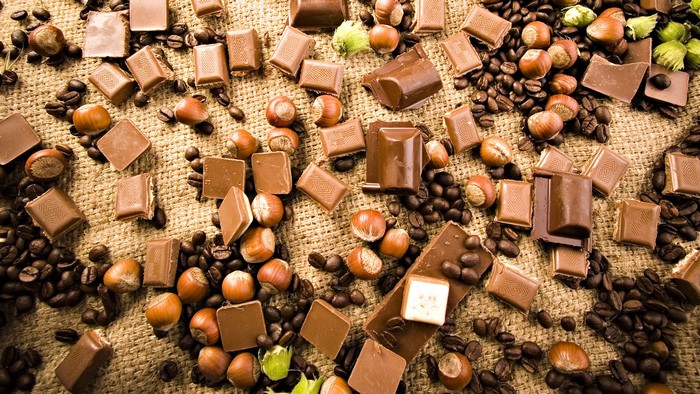 Chocolate pieces with hazelnuts and coffee beans