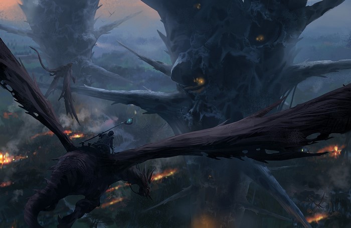 Dragon rider flying near giant trees