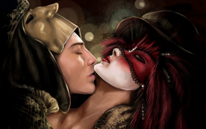Couple in Masquerade Masks Kissing