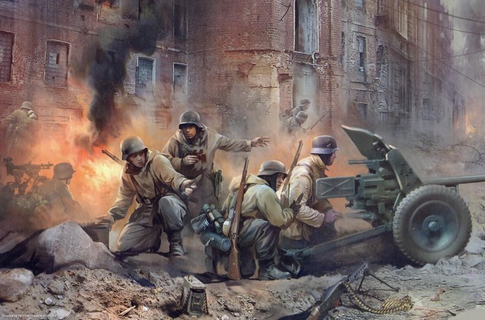 Soldiers operating an anti-tank gun during combat