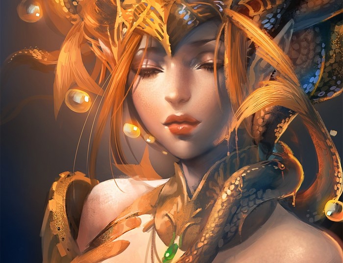 Fantasy woman with snake and golden crown