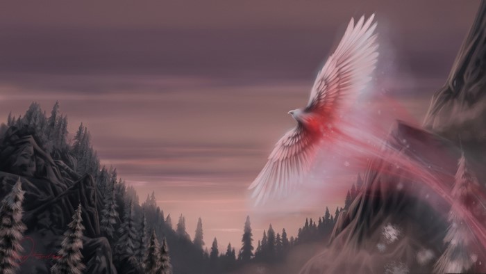A glowing white bird flies through a misty mountain landscape