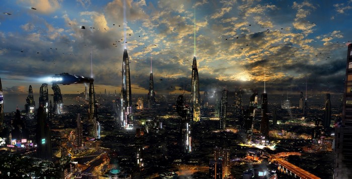 Futuristic city with flying vehicles at sunset