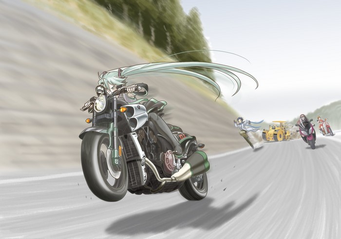 Hatsune Miku riding a motorcycle with others