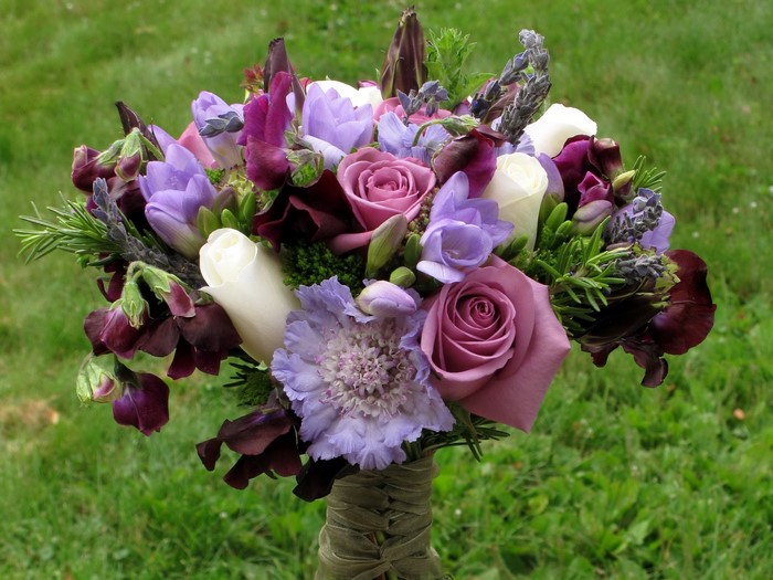 Wedding bouquet with roses and lavender