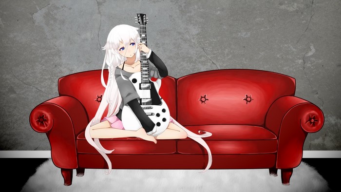 Anime girl with white hair holding a guitar on a red couch