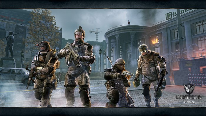 Warface soldiers in front of a bank building