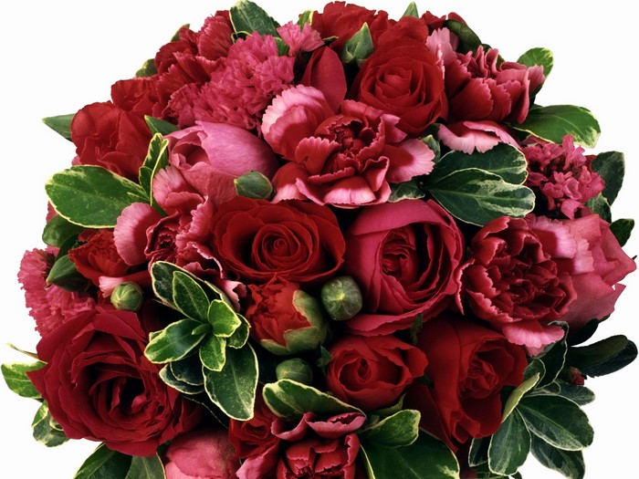 Red and pink roses and carnations bouquet