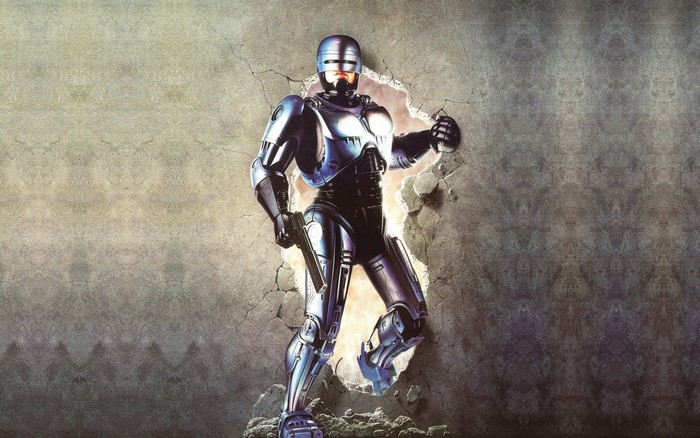 RoboCop breaking through a wall