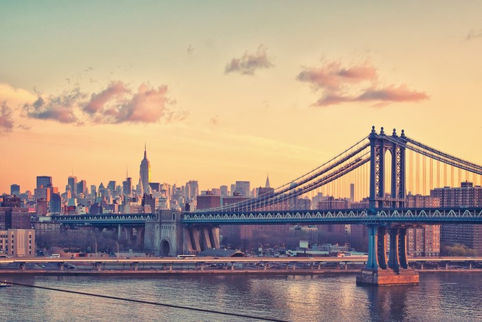 Manhattan Bridge and Skyline at Sunset, New York City