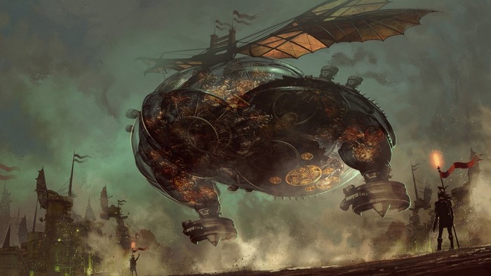 Steampunk airship over a city