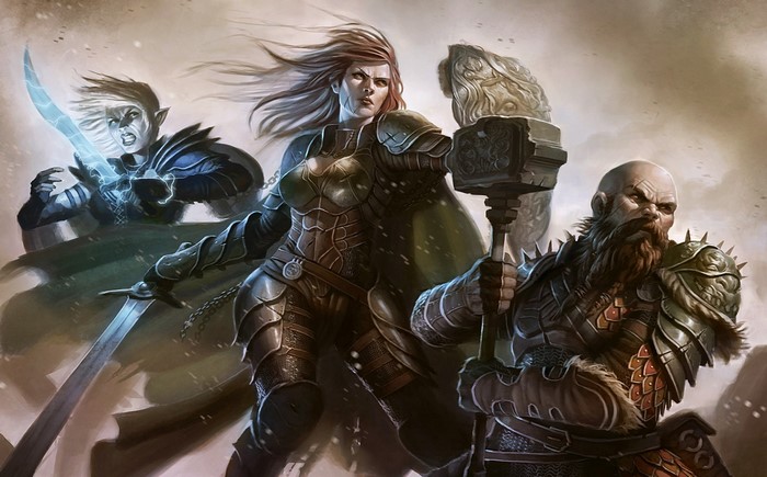 Three fantasy warriors in armor with weapons