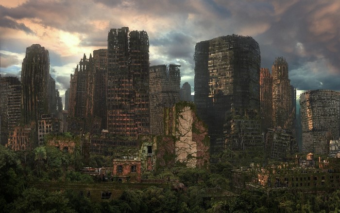 Post-apocalyptic city overgrown with vegetation