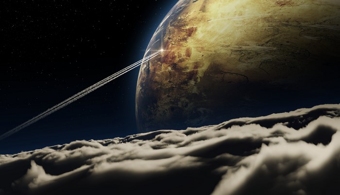 Airplane contrails over planet Earth and clouds