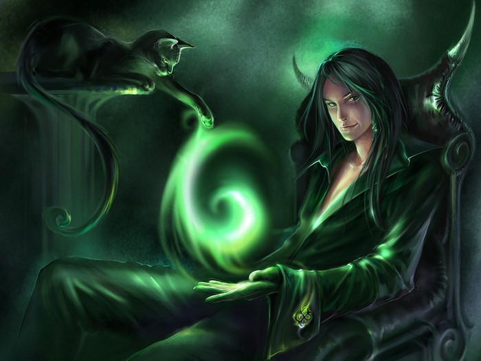 Man with cat and green magic